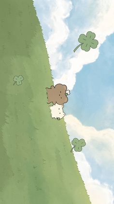 two sheep are standing in the grass with clovers on their backs and one is looking up