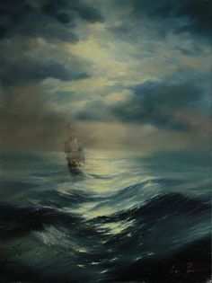 an oil painting of a ship in the middle of a large body of water at night