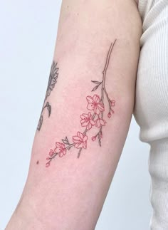 Fine Line Cherry Blossom Tattoo For The Arm Holiday Tattoo, Cherry Blossom Tattoos, Tattoo House, Red Flower Tattoos, Tato Minimal, Singer Dr, Cherry Tattoos, Aesthetic Tattoos, Stylish Tattoo