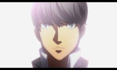 an anime character with black hair and blue eyes looks at the camera while wearing a purple jacket