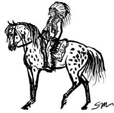 an ink drawing of a native american man on a horse