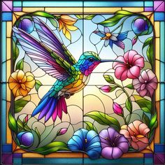 a stained glass window with a hummingbird and flowers