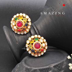 Navratna Stone Earring |Semi Precious Navaratna Earring | Moissanite Polki Earring | Indian Wedding Jewelry | Stud | Earring Material: Silver Gemstone: Moissanite, Semi Precious Navratna Stones  Stone colour:  Uncut Polki Primary colour: Gold Size-Length: 28mm Width: 28mm Closure: Screw back and Clips Silver Intricate, hand-crafted, Pure Silver Polki Earrings, studded with high-quality Semi Precious Navratna Stones, Earring comes with a screw back and clips, made in 92.5 silver with 22ct gold pl Navarathan Earrings, Multicolor Kundan Bridal Earrings With Intricate Design, Multicolor Temple Jewelry Bridal Earrings With Intricate Design, Multicolor Bridal Earrings With Intricate Design For Diwali, Multicolor Intricate Bridal Earrings For Diwali, Yellow Gold Multi-stone Earrings For Wedding, Yellow Gold Multi-stone Wedding Earrings, Traditional Yellow Gold Multi-stone Earrings, Multicolor Cutdana Earrings For Wedding