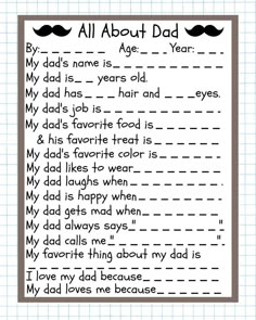 a father's day poem with mustaches on the page and text that says, all about dad