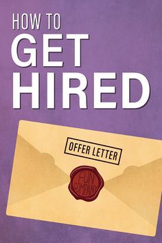 an envelope with the words how to get hired written on it, in front of a purple background