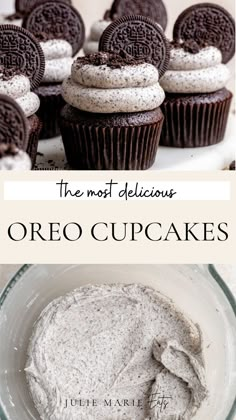 oreo cupcakes with white frosting in a glass bowl and on the plate