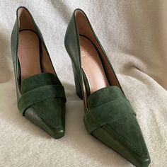 Brand New With Tag ( Never Worn) These Are Beautiful Green Leather With Suede Toe 5 Inch Block Heels. Purchased At Nordstrom Rack For $210.00. Size 7.5 As Shown In Picture And True To Size No Box Available Very Classy With Slacks, Skirts Or Dresses. Original Price $350.00 Green Leather Pointed Toe Heels, Green Leather Heels With Pointed Toe, Green Block Heel Office Heels, Green Heels For Work, Green Heels For Workwear, Green Round Toe Heels For Work, Elegant Leather Wedge Heel Court Shoes, Elegant Green Square Toe Heels, Green Leather Closed Toe Court Shoes