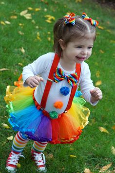 Toddler Clown Halloween Costume! Red Converse shoes, rainbow tights, red suspenders, rainbow tutu. <3 Toddler Clown Costume, Rainbow Tights, Clown Halloween Costume, Red Converse Shoes, Dress Up Ideas, Clown Halloween Costumes, Halloween Costumes Ideas, Red Suspenders, Clown Party