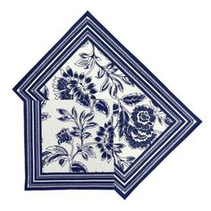 a blue and white handkerchief with flowers on the front, sitting on a white surface