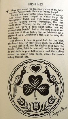 an open book with black and white illustrations on the page, irish hex written in english