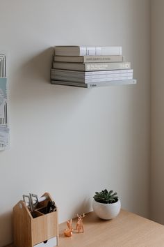 some books are sitting on a shelf next to a potted succulent plant