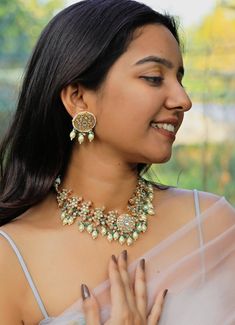 Mint Green and Pearl Choker set Riana by Shikha Jindal - Fabilicious Fashion Pearl Choker Set, Indian Theme, Green Rice, Rice Pearls, Indian Wedding Wear, Choker Set, Pearl Choker, Sea Green, Green Stone