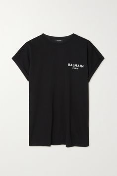 Balmain's T-shirt is free from embellishments, save for the label's moniker flocked on one side. Cut from cotton-jersey, it has rolled sleeves that accentuate the relaxed fit. It's slightly sheer, so make sure to underpin yours with a tonal bra. Balmain Shirt, Balmain Clothing, White Top Women, Rolled Sleeves, Jeans Material, Jersey Design, Bustiers, Net A Porter, Tshirt Logo