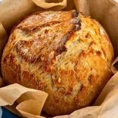 a loaf of bread sitting in a brown paper bag