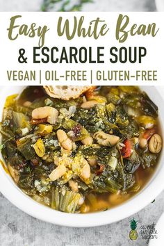 easy white bean and escarole soup recipe in a bowl with text overlay