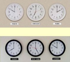 four clocks with different time zones displayed on the side of each clock, all in different positions