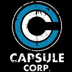 the logo for capsule corp on a dark blue background with white letters that read capsule co