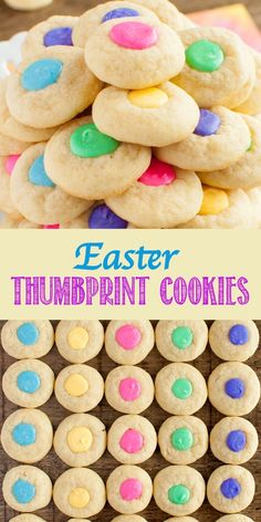 some cookies are stacked on top of each other and the words easter thumpprint cookies above them