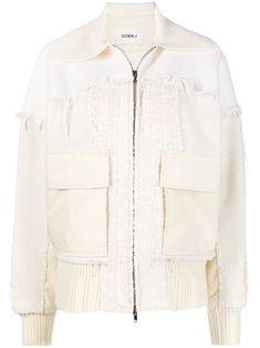 cream cotton-wool blend tweed frayed detailing patchwork design two side flap pockets front zip fastening classic collar long sleeves ribbed cuffs ribbed hem 23 Fashion, Jacket Details, Cotton Wool, Fall 2023, Patchwork Designs, Sewing Basics, Airport Style, Size Clothing, Varsity Jacket