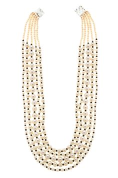 Black-White Gold Tone Beaded Necklace.Elegant and modern,White beaded necklace will complete your lavish ensemble grandeur. Necklace Size - 24 inches. Closure - Adjustable Style Tip - We love teaming this with classy chiffon sarees or zari silk sarees. Also looks best when worn with your royal whites, off whites and gold. We recommend styling with pastel solids or floral dresses in peachy pink, pistachio green and pastel blue too. Handcrafted in Jammu and Kashmir Paisley Pop travels the depths o Elegant Black Beads Necklace For Festive Occasions, Elegant Beaded Necklace With Black Beads For Festive Occasions, Elegant Festive Beaded Necklace With Black Beads, Elegant Black Beaded Necklace For Festive Occasions, Elegant White Beads With Pearl Chain, White Pearl Long Necklace With Gemstone Beads, Elegant Multi-strand Festive Beads, Festive White Pearl Necklace With Polished Beads, White Pearl Jewelry With Black Beads