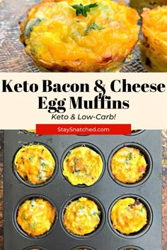 keto bacon and cheese egg muffins in a muffin tin with text overlay