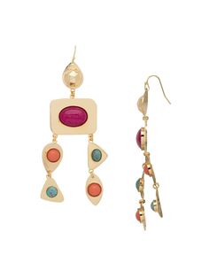 The Janis Statement Earrings feature an assortment of colorful semi-precious stones in the center of various geometric metal disks, dangling from a French wire. From Sorrelli's BRIGHT MULTI collection in our Bright Gold-tone finish.