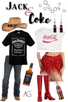 a man and woman wearing cowboy hats, red boots, and t - shirt with coca cola on it