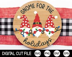 gnomes for the holidays sign on a red and black checkered table cloth with text