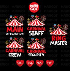 several carnival tents with the words carnival staff, carnival crew and main attraction on them