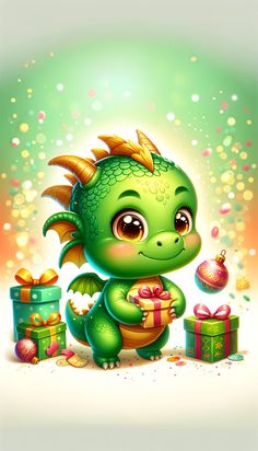 a cartoon green dragon holding a gift box