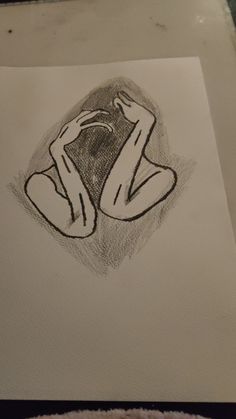 a drawing of a person sitting down with their hands on their head and arms behind their backs