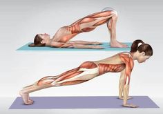 the woman is doing yoga exercises on her stomach and back, both with muscles highlighted