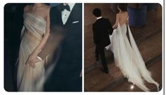 two pictures of people in tuxedos and one is wearing a dress with an open back