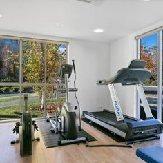 an exercise room with treadmills and windows looking out onto the yard outside,