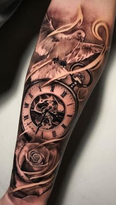 a man with a clock and an eagle on his arm is shown in this tattoo design