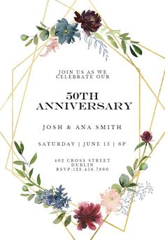 an anniversary party with flowers and geometric frame