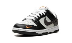 The Nike Dunk Low “Mini Swoosh - Black/Total Orange” is a colorway of the retro basketball shoe with an easy-to-wear style.  The upper is complete with a white tumbled leather base and black leather overlays.  A black tumbled leather Swoosh logo appears on the mid-panel and a small Total Orange-colored Swoosh is embroidered on the lateral side of the forefoot.  “Nike” branding is embroidered in black lettering on the heel and printed on the tongue tag.  Underfoot, a white midsole and black outso Throwback Black Lace-up Basketball Shoes, Black High-top Sneakers With Round Toe, Black Throwback High-top Sneakers With Round Toe, Black Retro Round Toe Skate Shoes, Black Throwback Skate Shoes With Round Toe, Black Throwback Round Toe Skate Shoes, Throwback Black Round Toe Skate Shoes, Throwback Black Skate Shoes, Black High-top Sneakers With Boost Midsole