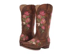 Roper Riley Floral - Cowboy Boots : Vintage Cognac Faux Leather : The Western-inspired Roper Riley Floral boot adds a feminine touch to your cowgirl style! Vintage faux-leather upper. Features beautiful Western floral embroidery on shaft and vamp. Pull-on boots with side pull loops for easy entry. Soft synthetic lining offers a comfortable next-to-skin feel. Cushioned comfort insole for added underfoot support. Snip toe design. Scoured Western heel. Vintage TPR outsole with excellent flexibility for easy movement. Imported. Measurements: Heel Height: 1 1 4 in Weight: 1 lb Circumference: 15 in Shaft: 12 1 2 in Product measurements were taken using size 7.5, width B - Medium. Please note that measurements may vary by size. Spring Brown Mid-calf Snip Toe Boots, Brown Snip Toe Mid-calf Boots For Spring, Spring Brown Snip Toe Mid-calf Boots, Western Style Brown Mid-calf Boots For Spring, Floral Cowboy Boots, Cowboy Boots Vintage, Womens Cowgirl Boots, Floral Boots, Boots Vintage