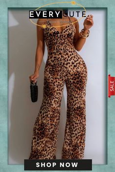 Elegant Leopard Bandage Patchwork Backless Halter Loose Jumpsuits Sleeveless Leopard Print Jumpsuit For Summer, Sleeveless Leopard Print Jumpsuits And Rompers For Summer, Summer Party Leopard Print Bodysuit, Chic Fitted Leopard Print Jumpsuits And Rompers, Chic Fitted Leopard Print Jumpsuit, Chic Sleeveless Leopard Print Jumpsuit, Chic Leopard Print Jumpsuits And Rompers For Party, Casual Leopard Print Jumpsuits And Rompers For Party, Chic Leopard Print Jumpsuits For Night Out