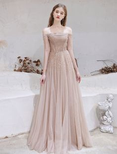 Evening Dress Nude Color A Line Bateau Neck Floor Length Sequins Forma — Bridelily Tulle Evening Dress, Floor Length Prom Dresses, Pink Prom Dress, Long Sleeve Prom, Long Sleeve Evening Dresses, Beaded Prom Dress, فستان سهرة, Formal Party Dress, Sequin Party Dress