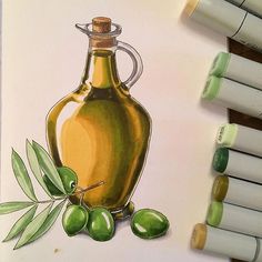 a drawing of an olive oil bottle with green olives next to it and markers