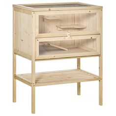 a wooden cabinet with two drawers and shelves