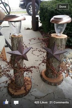 two wooden posts with stars on them