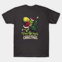 the grin is on christmas t - shirt with an image of a santa clause holding a tree