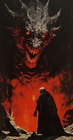 a painting of a demonic demon standing in front of an evil man with red eyes