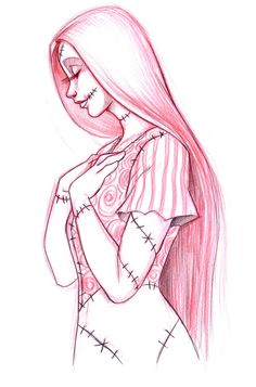 a drawing of a girl with long hair and tattoos on her chest, wearing a striped shirt