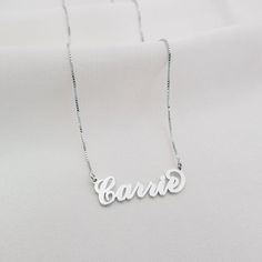 Carrie Font Name Necklace Personalized Carrie Style - Etsy Formal Customized Sterling Silver Name Necklace, Customized Sterling Silver Name Necklace For Formal Occasions, Classic Silver Name Necklace For Formal Occasions, Silver Formal Name Necklace, Formal Silver Name Necklace, Formal White Gold Name Necklace, Formal Silver Custom Name Necklace, Formal Personalized Silver Name Necklace, Formal White Gold Necklace With Custom Name