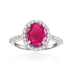 Ross-Simons - 3.70ct Ruby, .58ct t. w. Diamond Ring Oval Cut in 14kt White Gold. Size 7. Regal and refined, our timeless halo ring presents a fiery 3.70 carat oval ruby framed by shimmery .58 ct. t. w. round brilliant diamonds. Finely crafted in polished 14kt white gold. 1/2" wide. Diamond and ruby ring. Ruby birthstones are the perfect gift for July birthdays. Diamond And Ruby Ring, Ruby And Diamond Ring, Ruby Birthstone, Ring Ruby, Diamond Heart Ring, Fine Jewelery, Eternity Ring Diamond, Ring Oval, Diamond Eternity