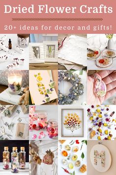 different pictures with flowers and crafts on them, including cards, vases, candles and other items