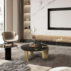 a modern living room with marble walls and flooring